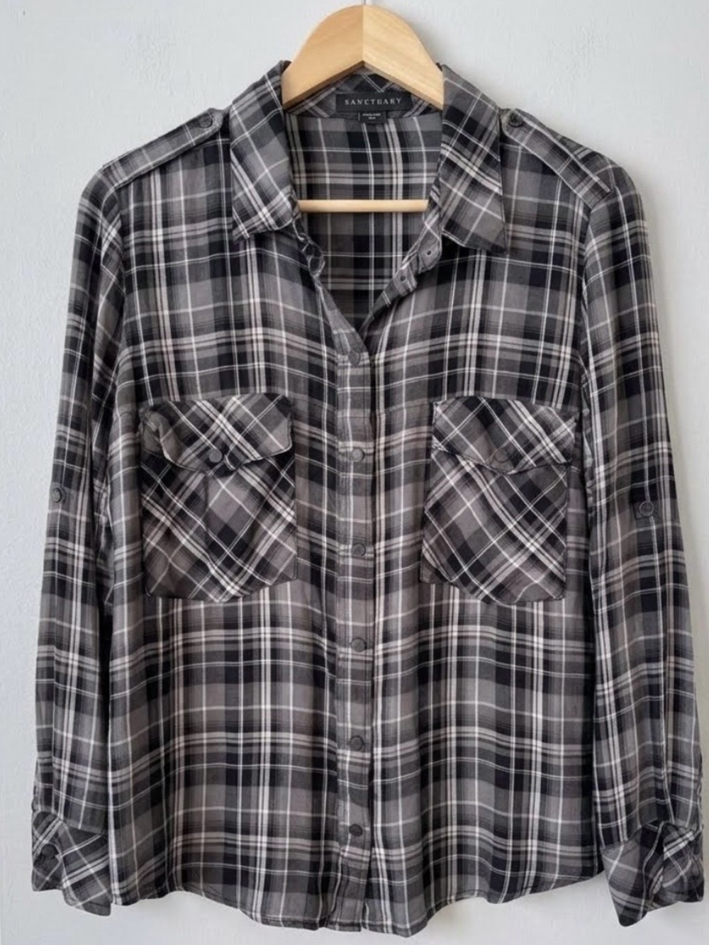 Sanctuary Black and Gray Plaid Boyfriend Snap Down Shirt Size M